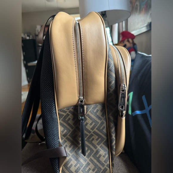 Preowned Like New Fendi FF Logo Chiogo Leather Canvas Backpack Beige/Brown - Picture 2 of 13
